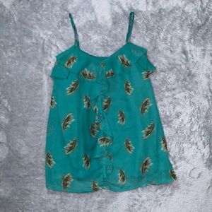 Xhilaration Green Feather Print Ruffle Tank Top